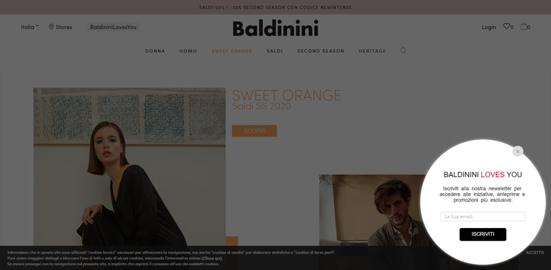 Baldinini, popup iscrizione alla newsletter su desktop