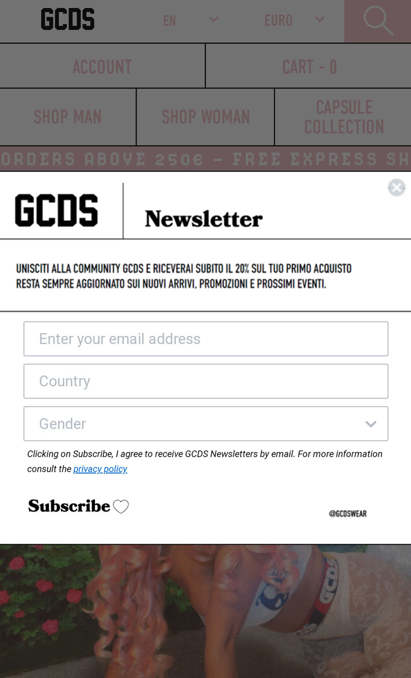 GCDS, popup iscrizione alla newsletter su mobile