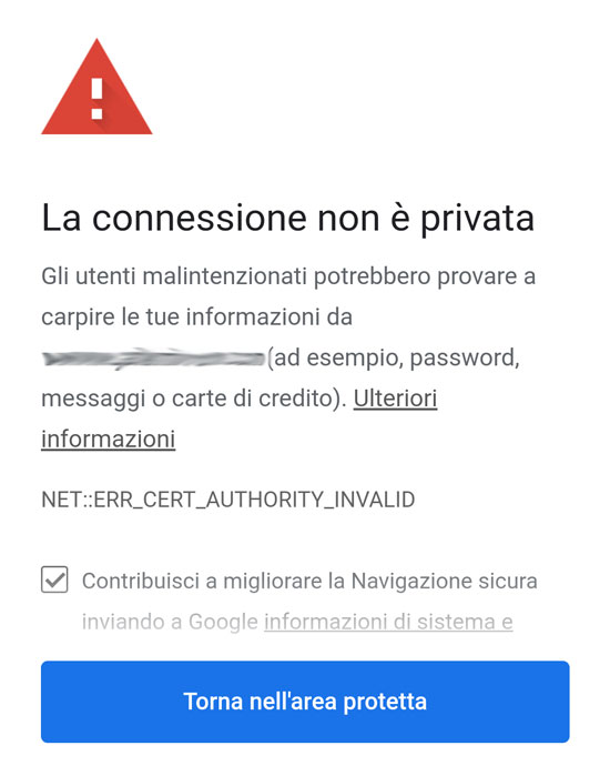 Pagina di errore certificato SSL su Google Chrome