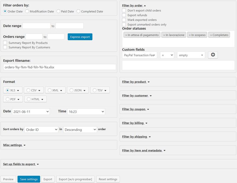 Schermata del plugin di export dati per Woocommerce Advanced Order Export