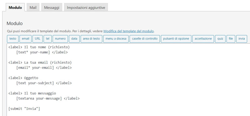 Schermata del plugin per l'inserimento moduli di contatto per WordPress Contact Form 7